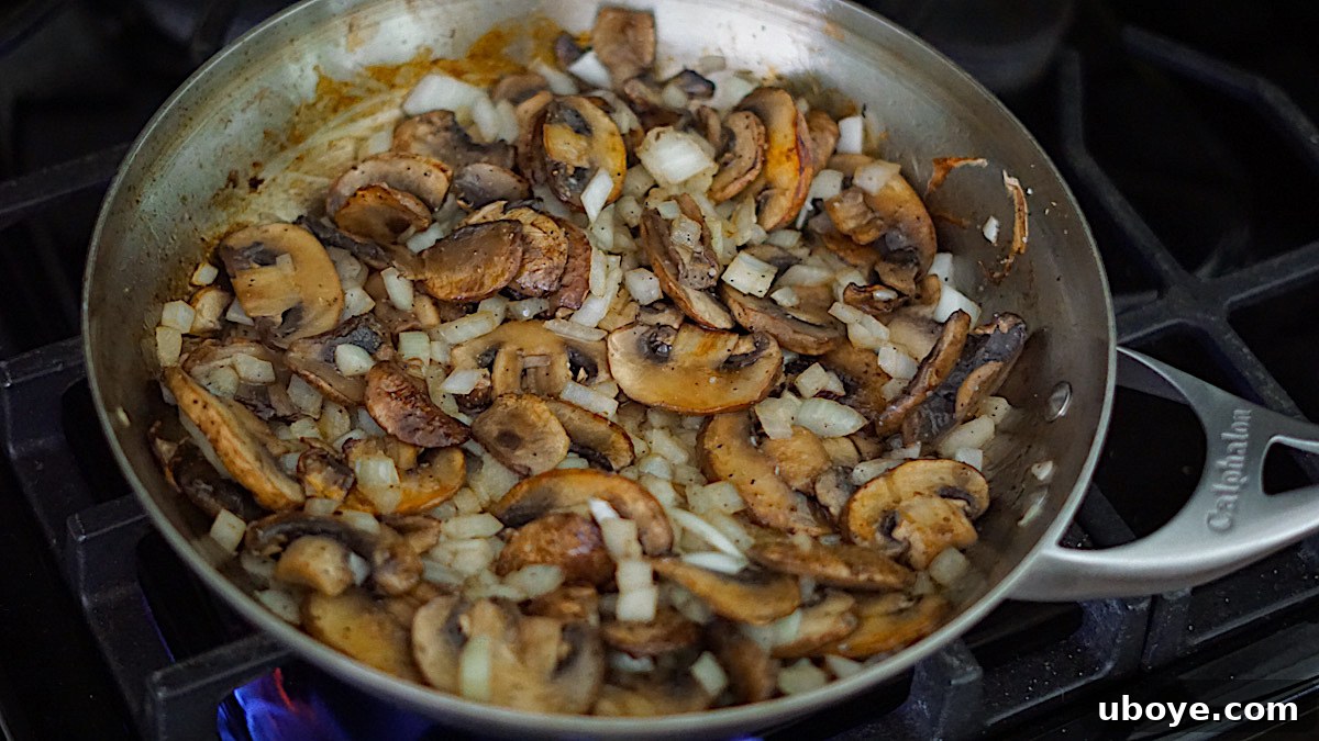 Savory Balsamic Mushroom Tortellini 6 Close-up of mushrooms with a deep brown color, indicating proper browning.