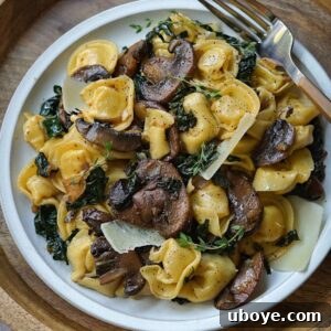Savory Balsamic Mushroom Tortellini 9 A bowl of Balsamic Mushroom Tortellini, ready to be served.