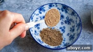 Ground flax seeds mixed with water, forming a gelatinous flax egg for the vegan recipe