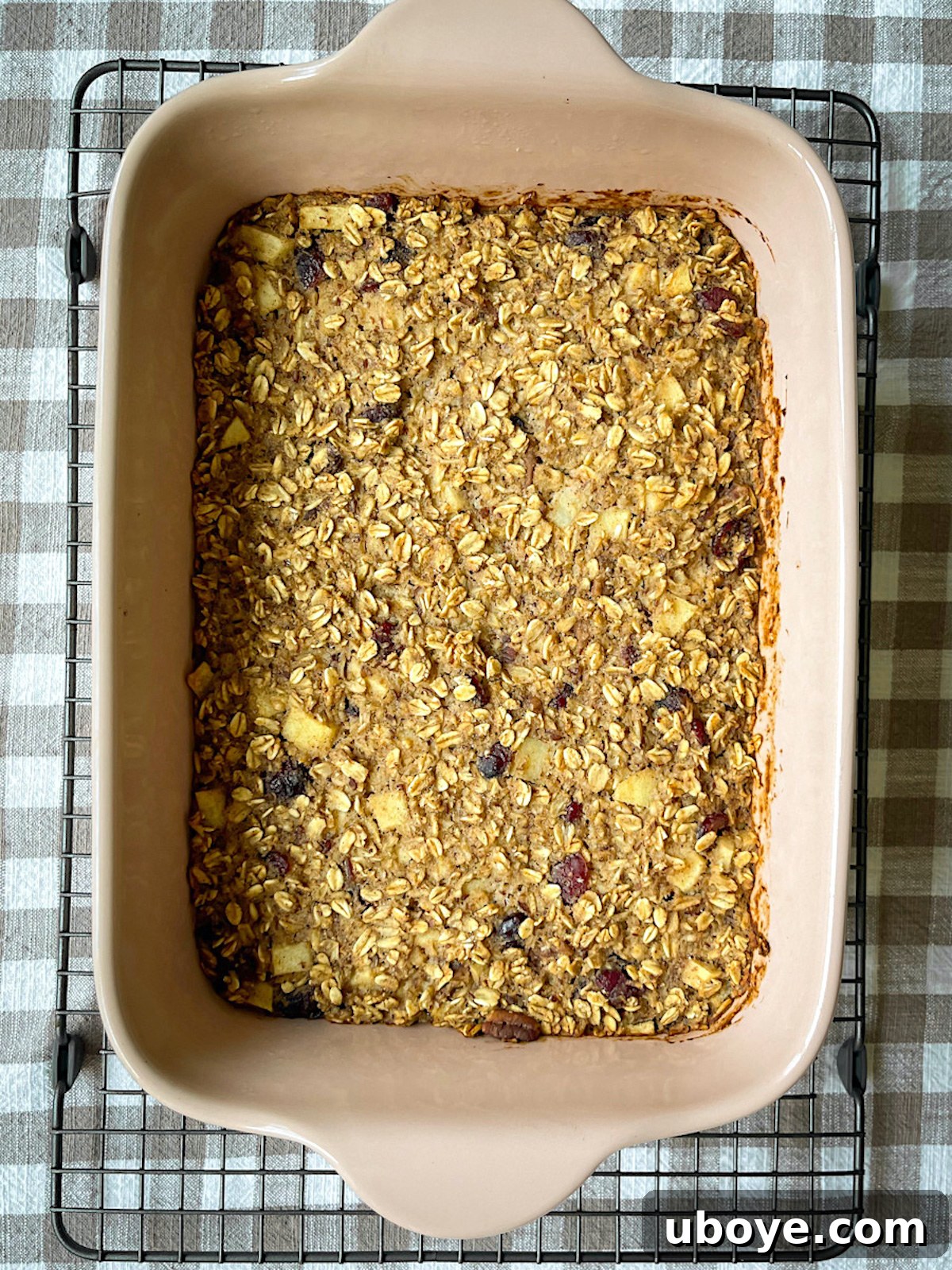 Baked Apple Cinnamon Oats 7 Golden brown and perfectly set baked oatmeal, fresh out of the oven and still warm in its glass baking dish