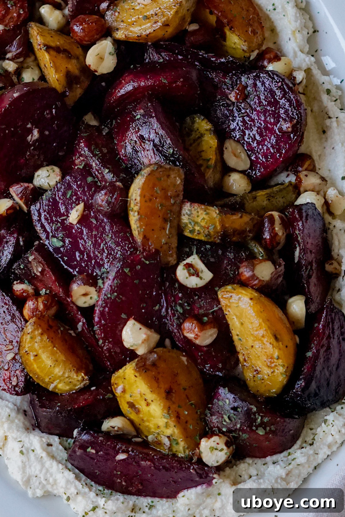 A close-up shot of the finished Roasted Beets with Whipped Feta, garnished and ready to be served
