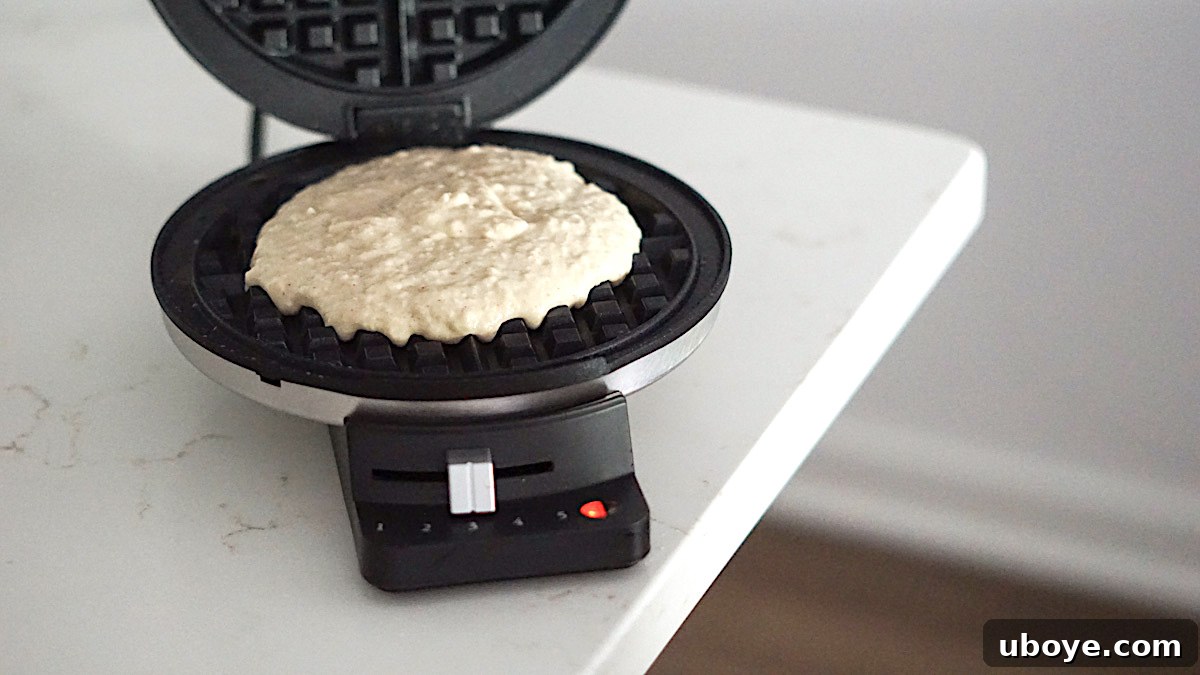 Effortless Plant-Based Waffle Perfection 7 Vegan waffle cooking in a waffle iron