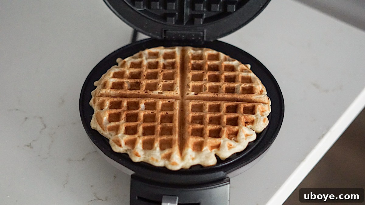 Effortless Plant-Based Waffle Perfection 8 A perfectly cooked golden brown vegan waffle in the waffle iron
