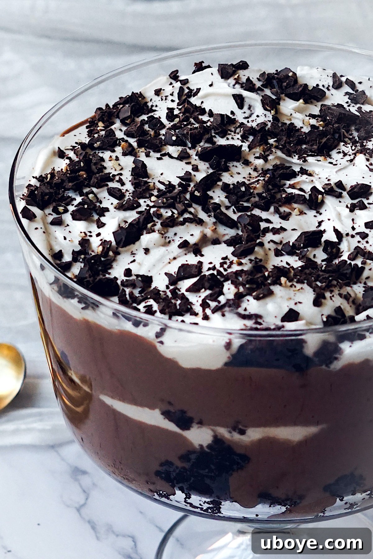Decadent Chocolate Trifle Made Easy 2 Decadent dairy-free chocolate trifle presented in an elegant glass bowl, showcasing its beautiful layers.