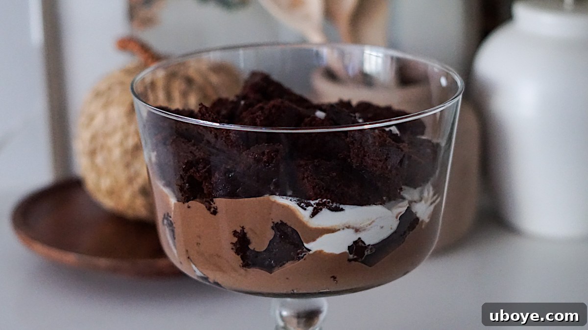 Decadent Chocolate Trifle Made Easy 11 The fully assembled, layered chocolate trifle, ready for chilling and serving.