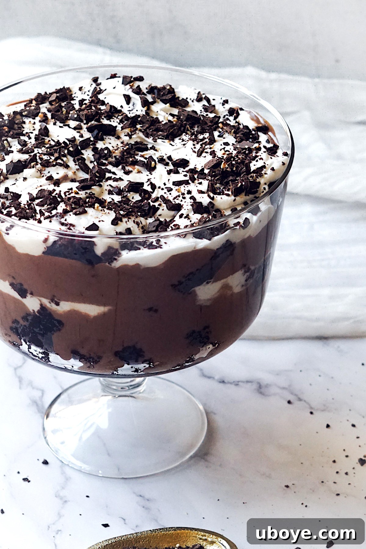 Decadent Chocolate Trifle Made Easy 12 A close-up of the easy chocolate trifle in a glass dish, garnished and ready to serve.