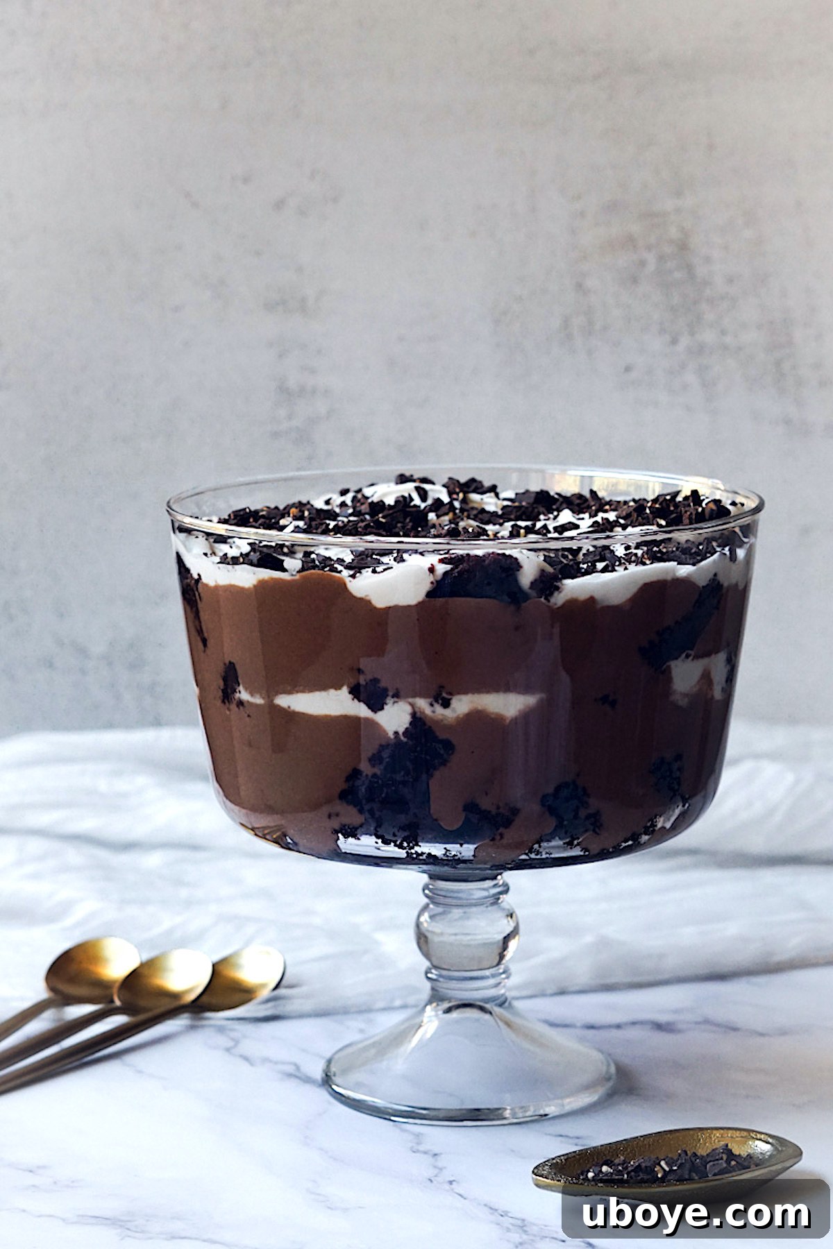 Decadent Chocolate Trifle Made Easy 4 Beautifully layered chocolate dessert in an elegant glass trifle dish, showcasing its depth and appeal.