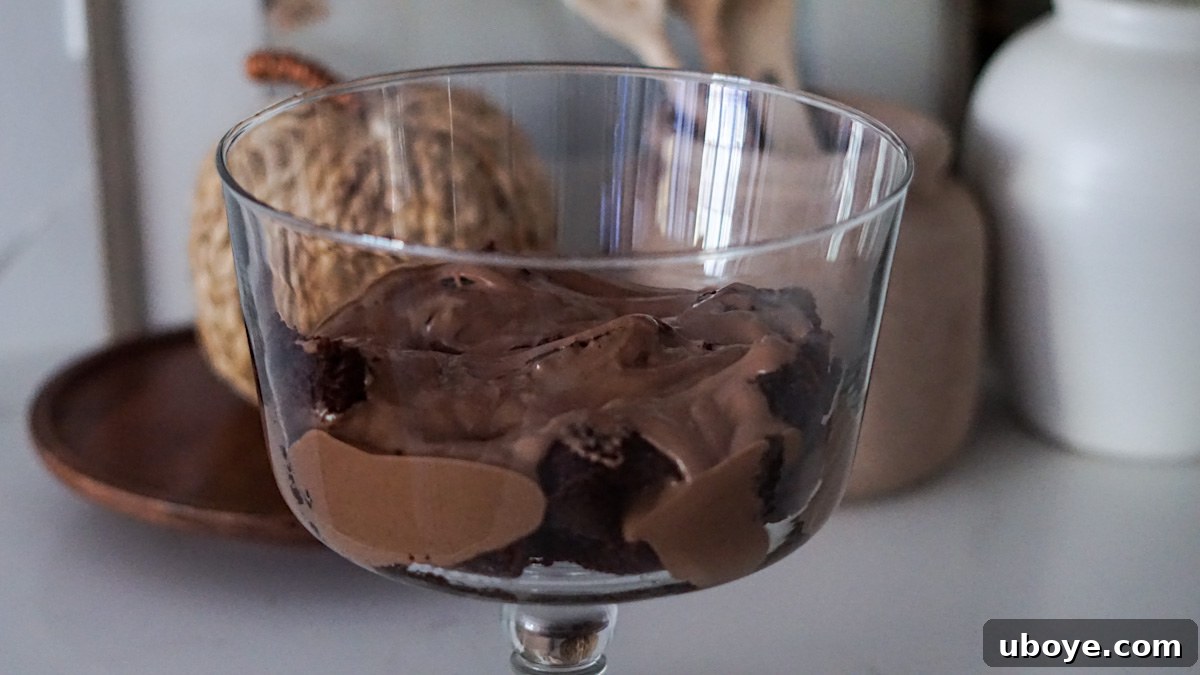 Decadent Chocolate Trifle Made Easy 9 Second layer being added to the chocolate trifle: smooth, rich chocolate pudding over the cake.