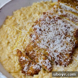 A close-up of Lemon Chicken Orzo Pasta with crispy chicken on top, garnished with fresh herbs.