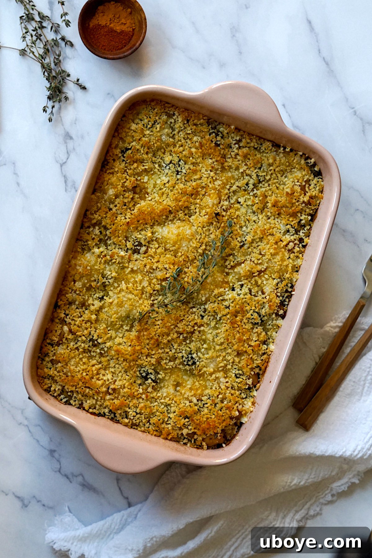 Hearty Plant-Based Broccoli Cheddar Bake 3 Close-up of the creamy, cheesy texture of the Plant-Based Broccoli Cheddar Casserole