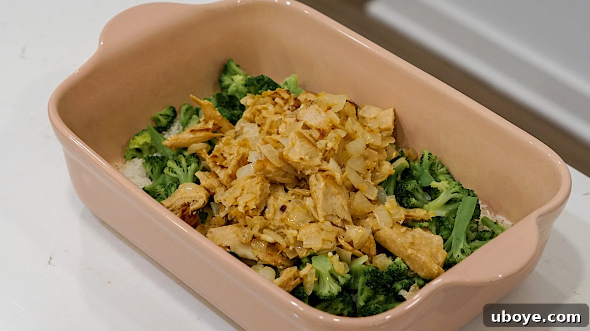 Hearty Plant-Based Broccoli Cheddar Bake 5 Broccoli, rice, and vegan cheese added to the casserole dish