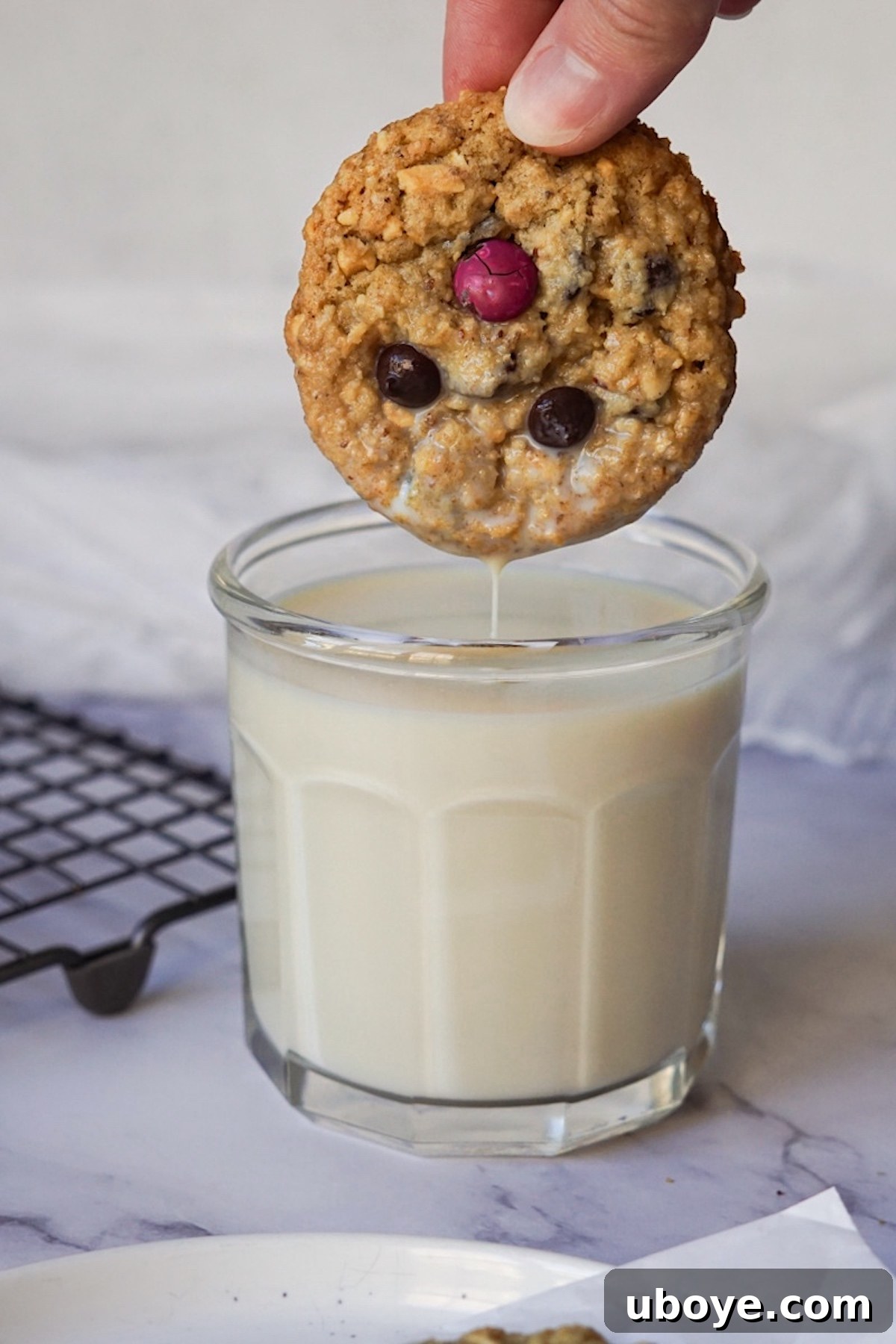 Ultimate Vegan Mix-In Cookies 2 Dunking a vegan kitchen sink cookie in a glass of almond milk, highlighting its perfect texture for soaking up milk.