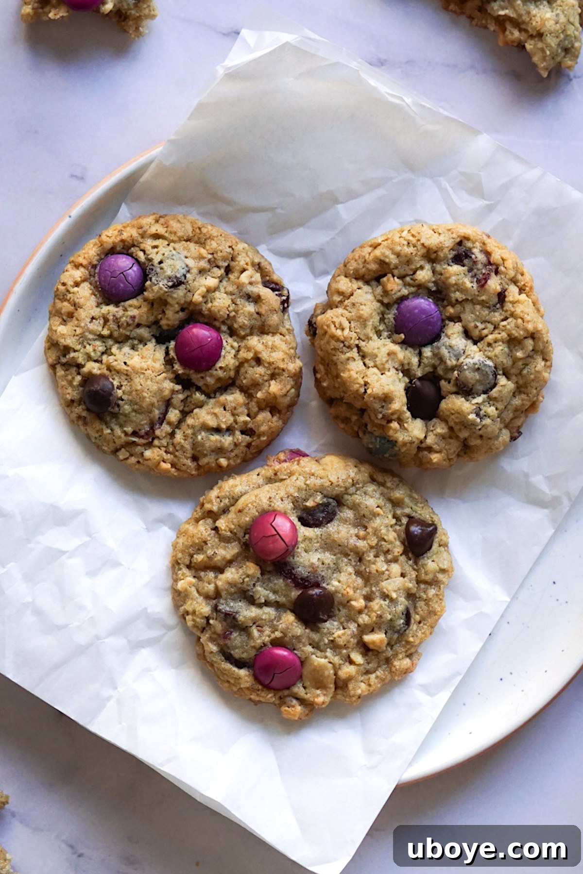 Ultimate Vegan Mix-In Cookies 3 A stack of freshly baked vegan kitchen sink cookies on a cooling rack, showcasing their varied toppings and golden-brown edges.