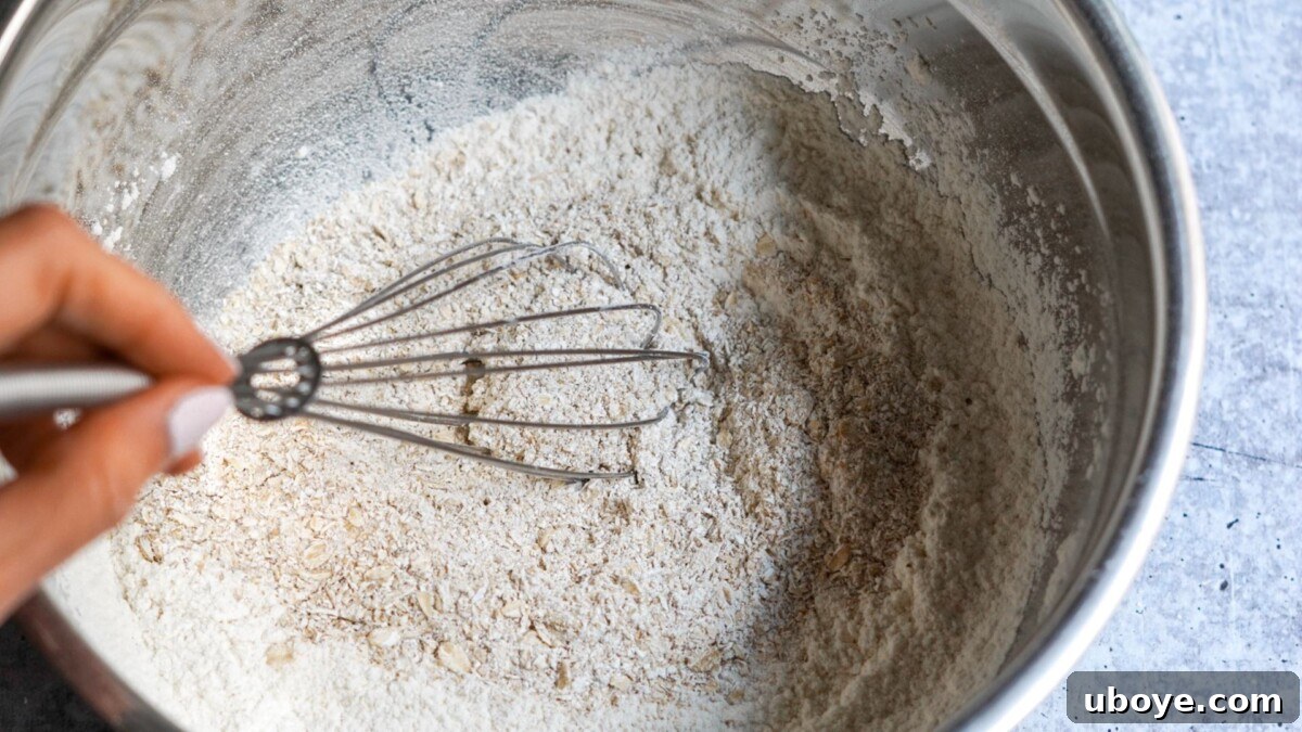Ultimate Vegan Mix-In Cookies 6 A whisk blending all-purpose flour, coarsely chopped oats, baking powder, baking soda, and sea salt in a large mixing bowl.