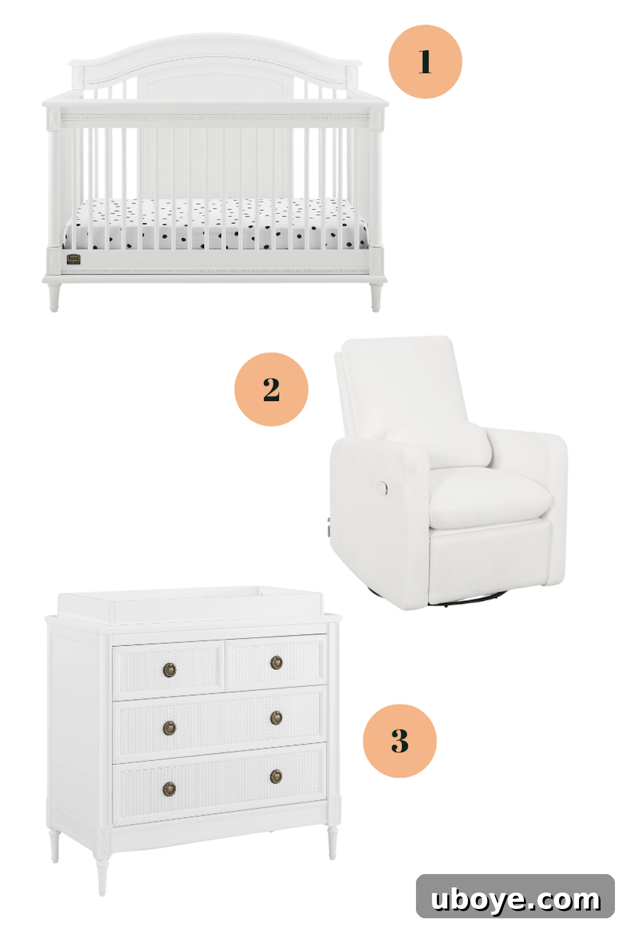 A minimalist nursery setup featuring a crib, a comfortable chair, and a versatile changing table with dresser storage.