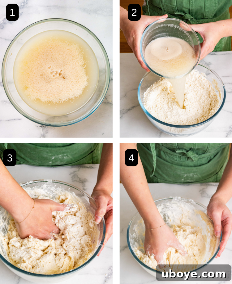 A series of four images showing the initial steps of making focaccia dough: activating yeast in water, adding yeast mixture to flour, mixing dry and wet ingredients, and showing the wet, sticky dough after initial mixing.