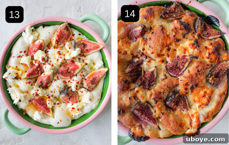 Two images showcasing the final stages of focaccia preparation and baking: one image shows the dough topped with figs, goat cheese, honey, and chili flakes, and the second image displays the beautifully baked focaccia, golden and crisp, ready to be served.