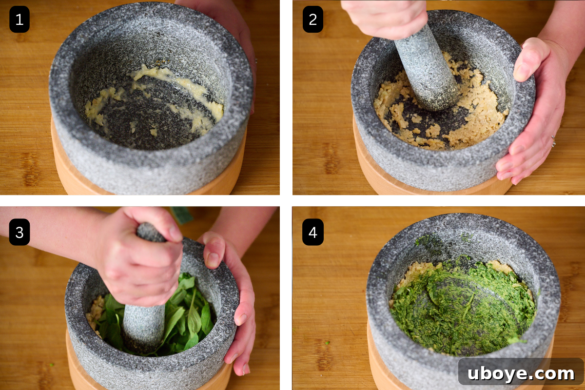 Hand-Crushed Pesto Perfection 4 A four-image collage showing the initial steps of making pesto: garlic and salt, adding pine nuts, adding basil in batches, and forming a bright green paste.