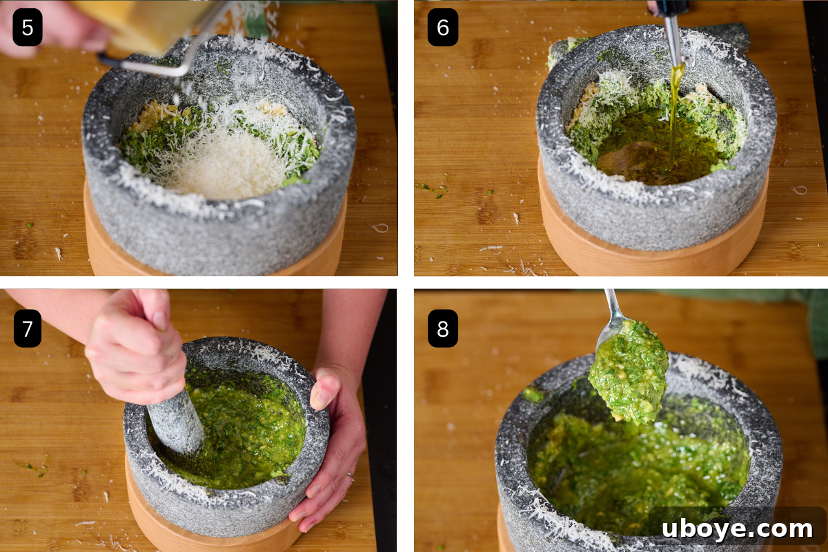 Hand-Crushed Pesto Perfection 5 A four-image collage showing the final steps of making pesto: adding cheese, stirring in olive oil gradually, and the final smooth pesto consistency.