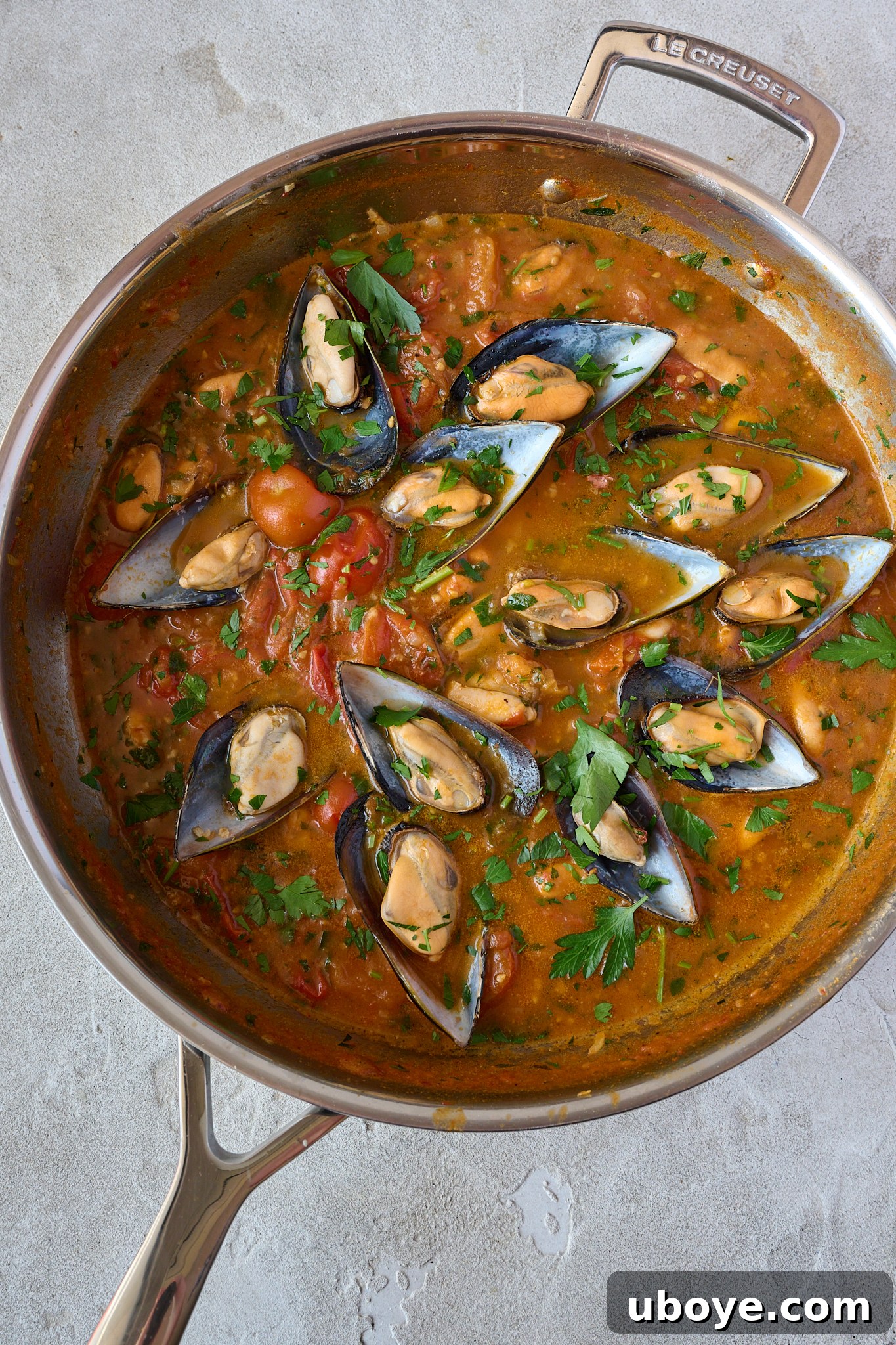 Image of mussels and tomato sauce in a large silver fry pan. Fresh parsley is sprinkled all over. 