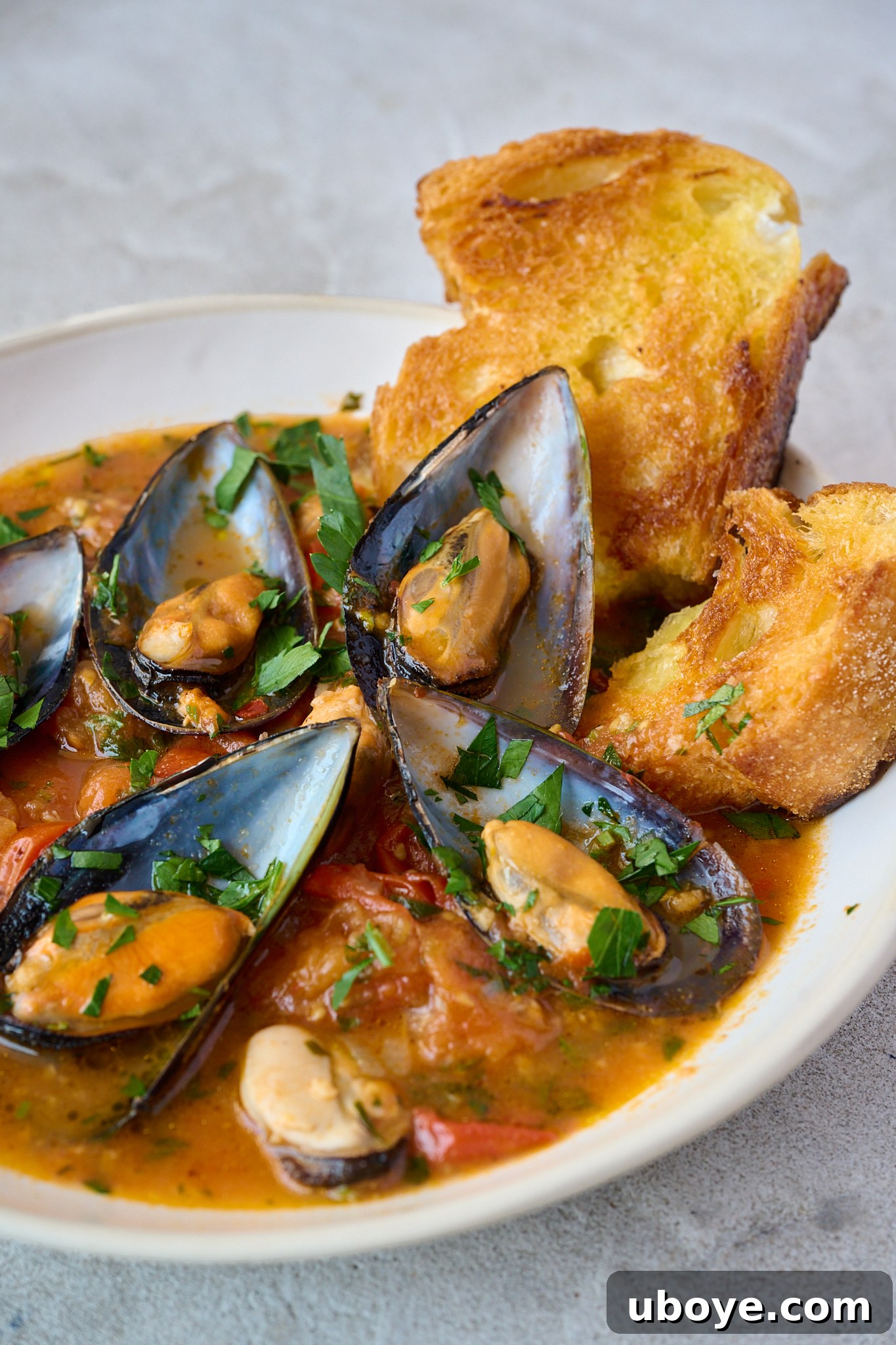Mussels and tomato sauce served in a white bowl with fresh parsley sprinkled over the top and white sourdough on side of bowl. 