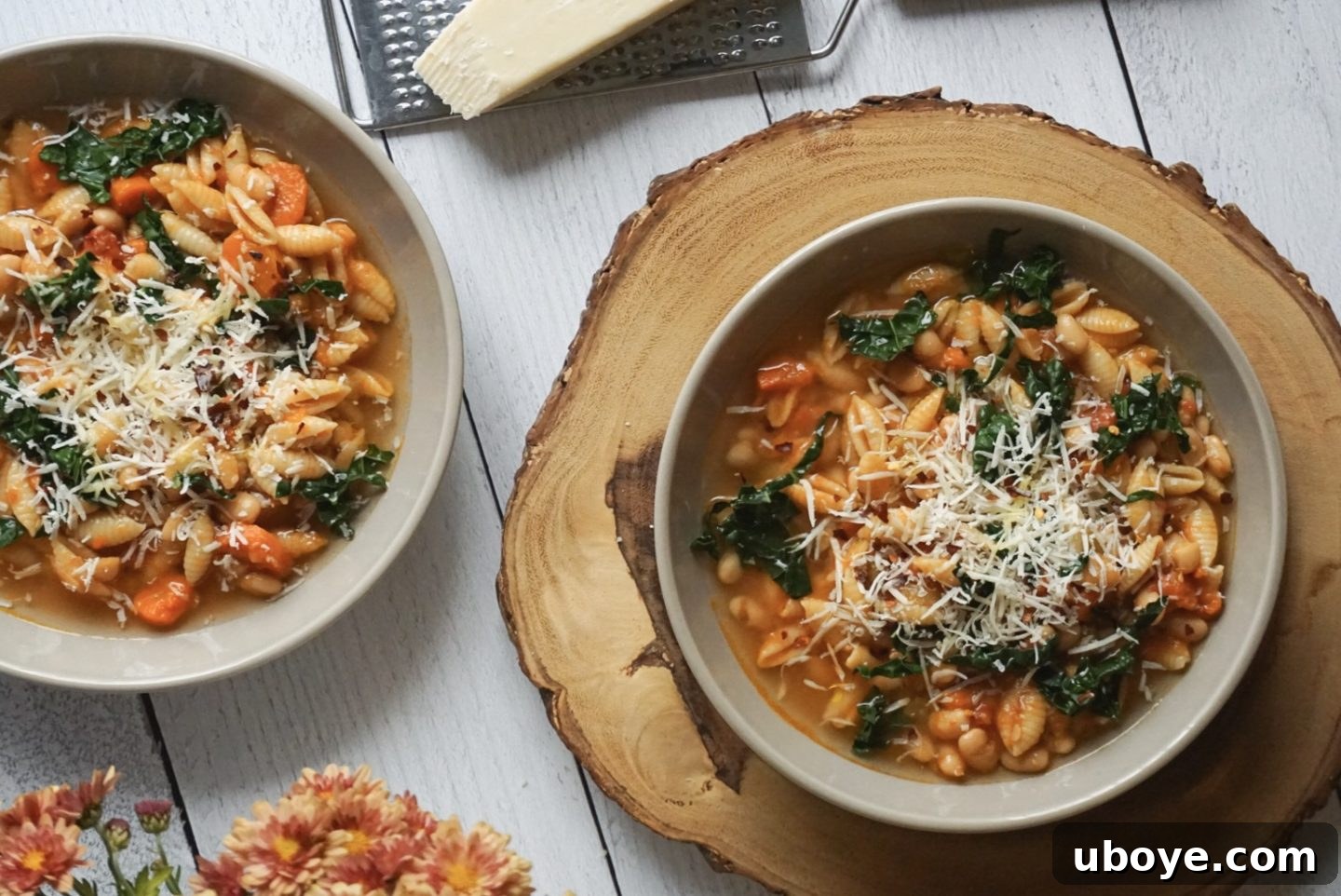 Tuscan Farmhouse Pasta and Beans 3 A close-up shot of hearty Italian soup with vibrant Tuscan kale and tender white beans, served in a rustic ceramic bowl, ready to be enjoyed.