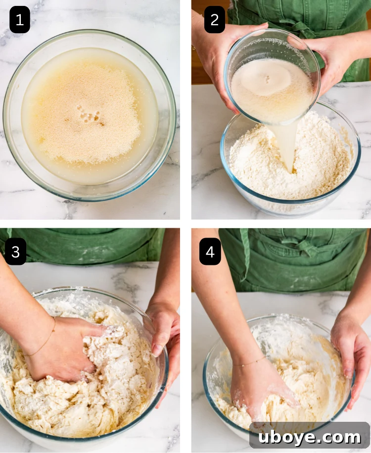 A sequence of four images detailing the initial stages of dough preparation. The first image shows yeast dissolving in lukewarm water. The second captures the yeast mixture being poured into a bowl of flour. The third and fourth images illustrate the process of mixing the wet and dry ingredients by hand, forming a sticky dough.