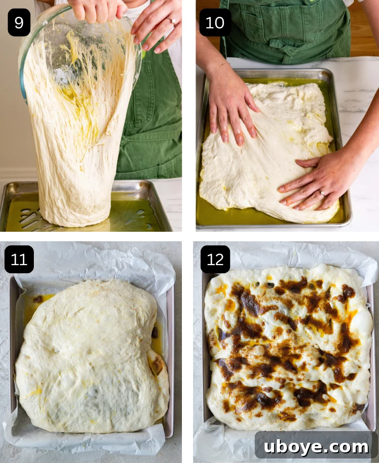 A series of four images showcasing the preparation of the focaccia with its sweet filling. The first image shows the dough being gently placed onto a parchment-lined baking tray. The second image depicts hands carefully stretching the dough within the tray. The third image illustrates the dough now sitting in the baking tray, with a substantial brown sugar filling enclosed within its folds. The final image displays the dimpled dough generously drizzled with the remaining brown sugar filling, ready for baking.