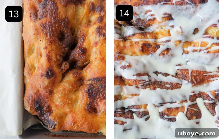The first image features a perfectly baked focaccia, showcasing its golden-brown, crispy crust. The second image displays the same focaccia generously drizzled with a sweet white glaze, glistening and inviting.