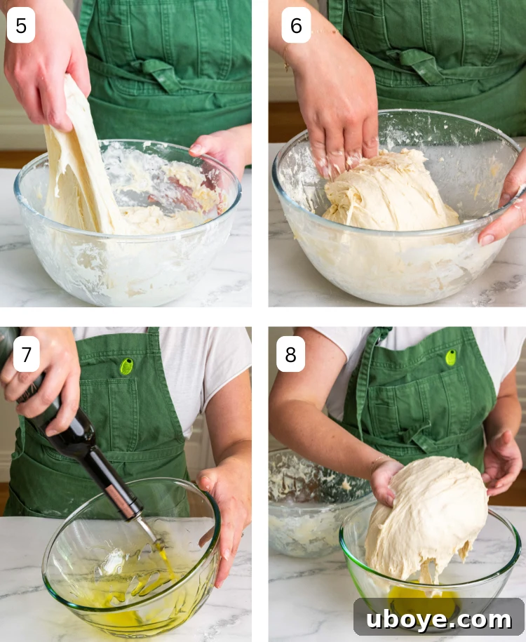 A two-part image showing the stretch and fold technique for focaccia dough, followed by two images of olive oil being poured into a bowl before the dough is placed inside for proofing.