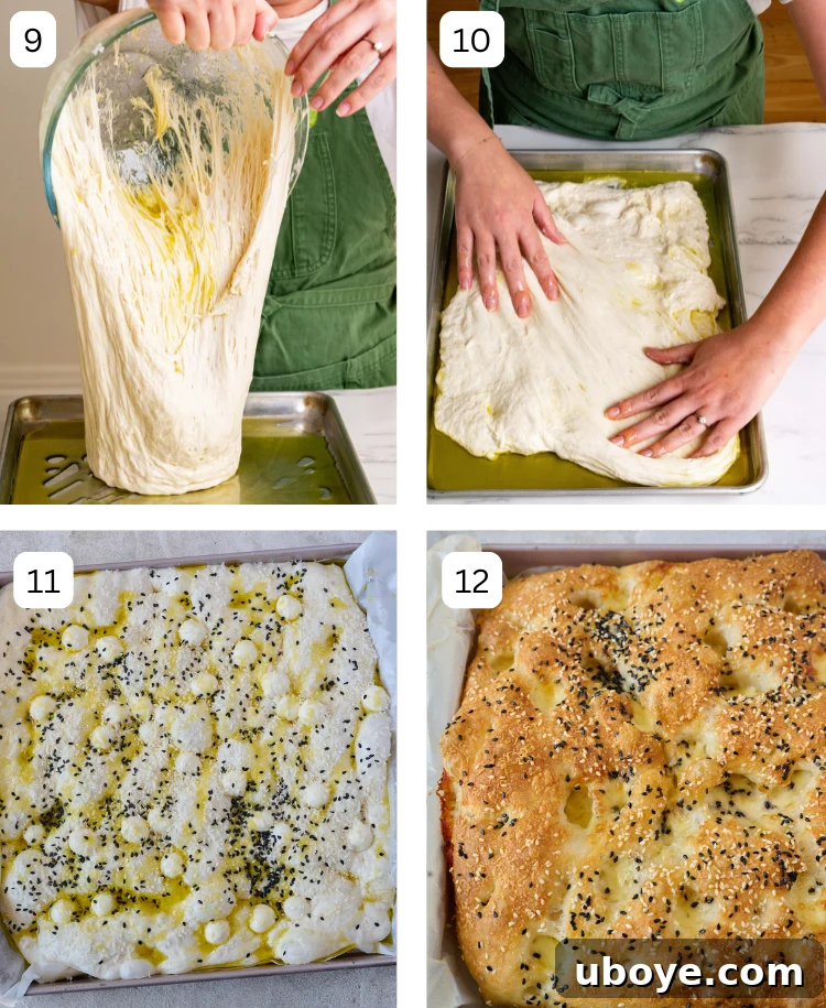 A sequence of four images showing the dough being placed into a baking tray, gently stretched, topped with cheese and sesame seeds, and finally the golden-baked cheesy sesame seed focaccia.