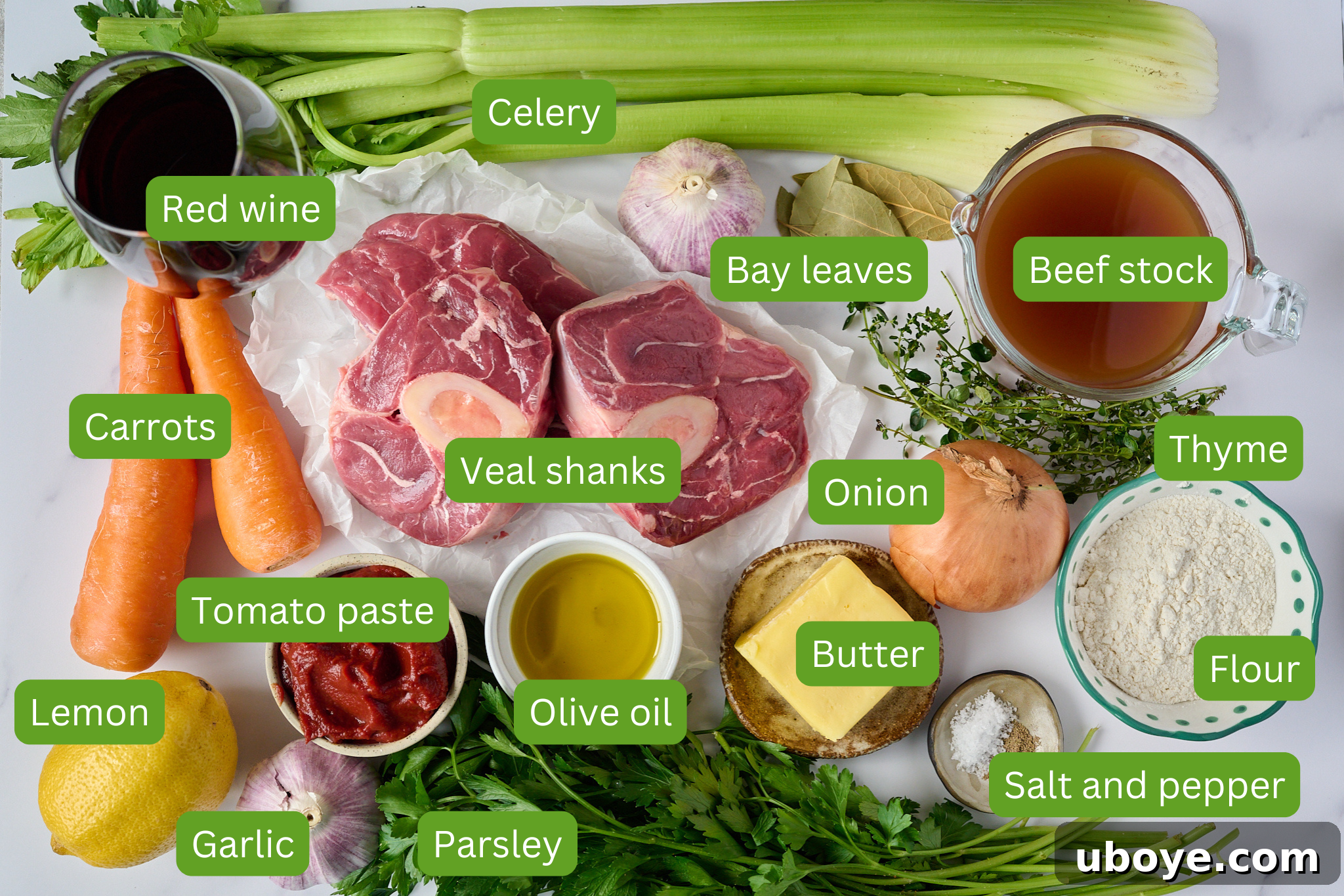 Braised Osso Buco with Zesty Gremolata and Creamy Risotto 3 A beautifully arranged spread of all fresh ingredients required for preparing the authentic Osso Buco recipe.