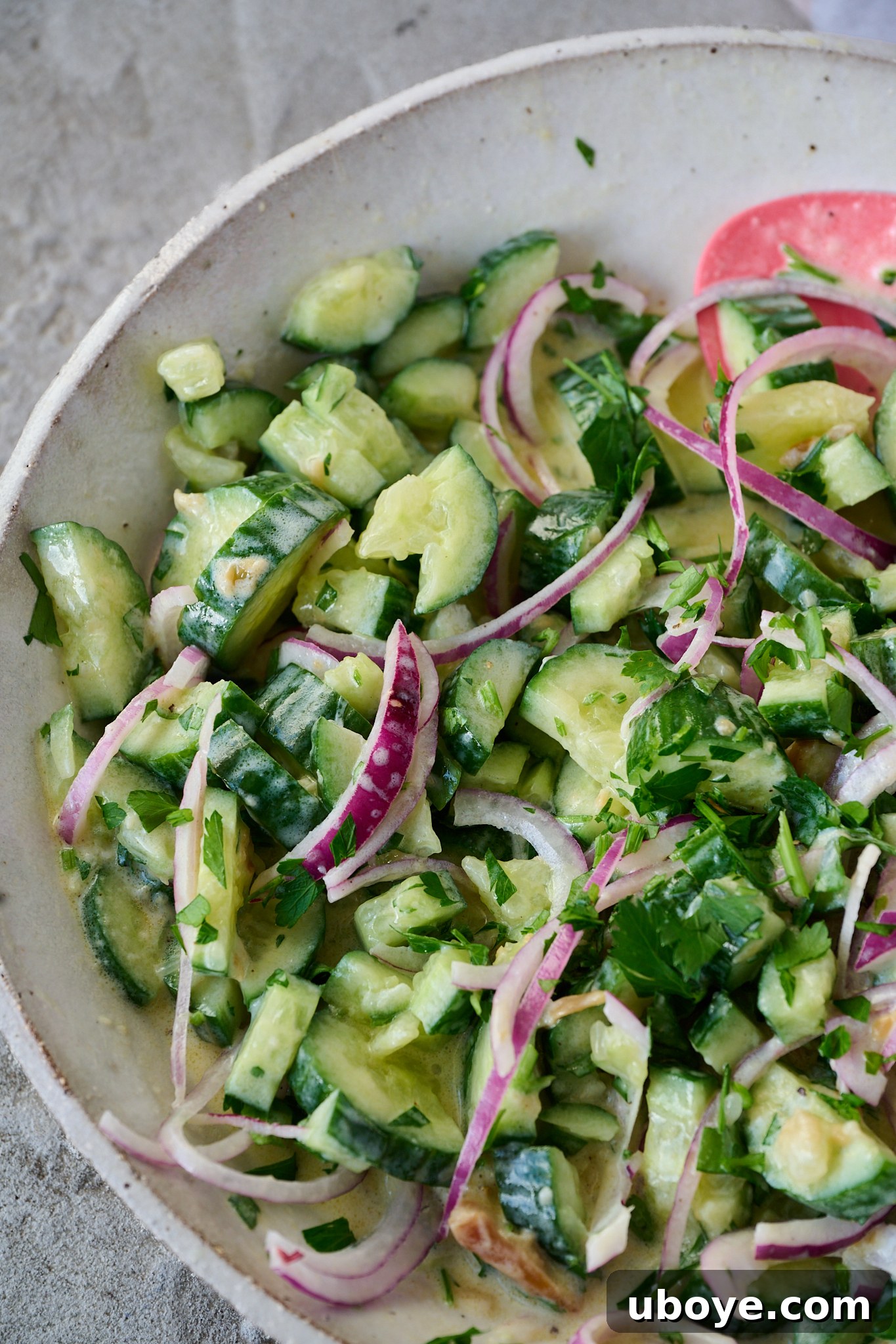 Zesty Greek Yogurt Cucumber Salad 7 Large white bowl filled with creamy cucumber salad with Greek yogurt, a pink spoon rests on the side, ready to be eaten.