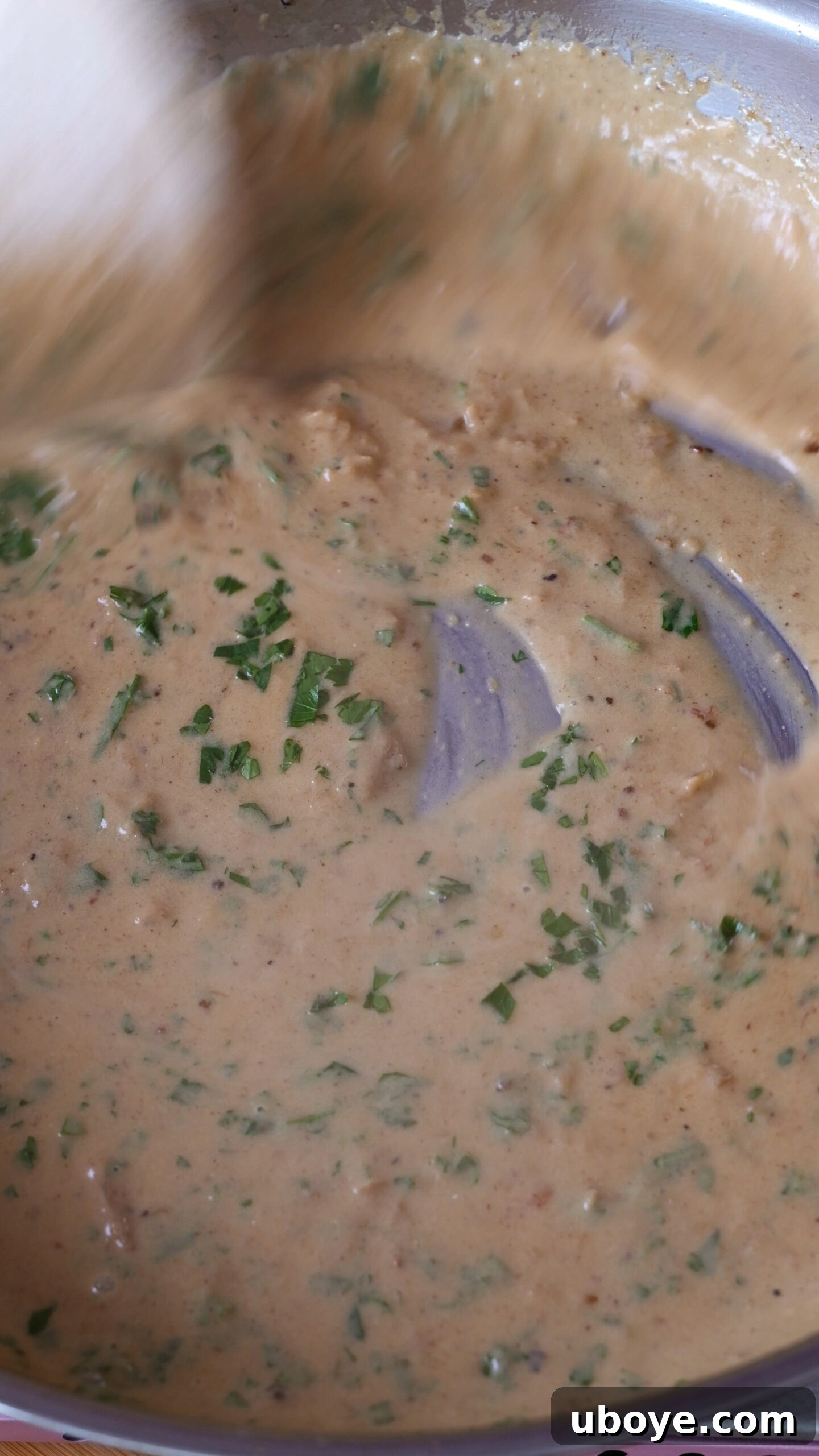 A creamy sauce is shown in stainless steel pan with fresh parsley sprinkled all over.
