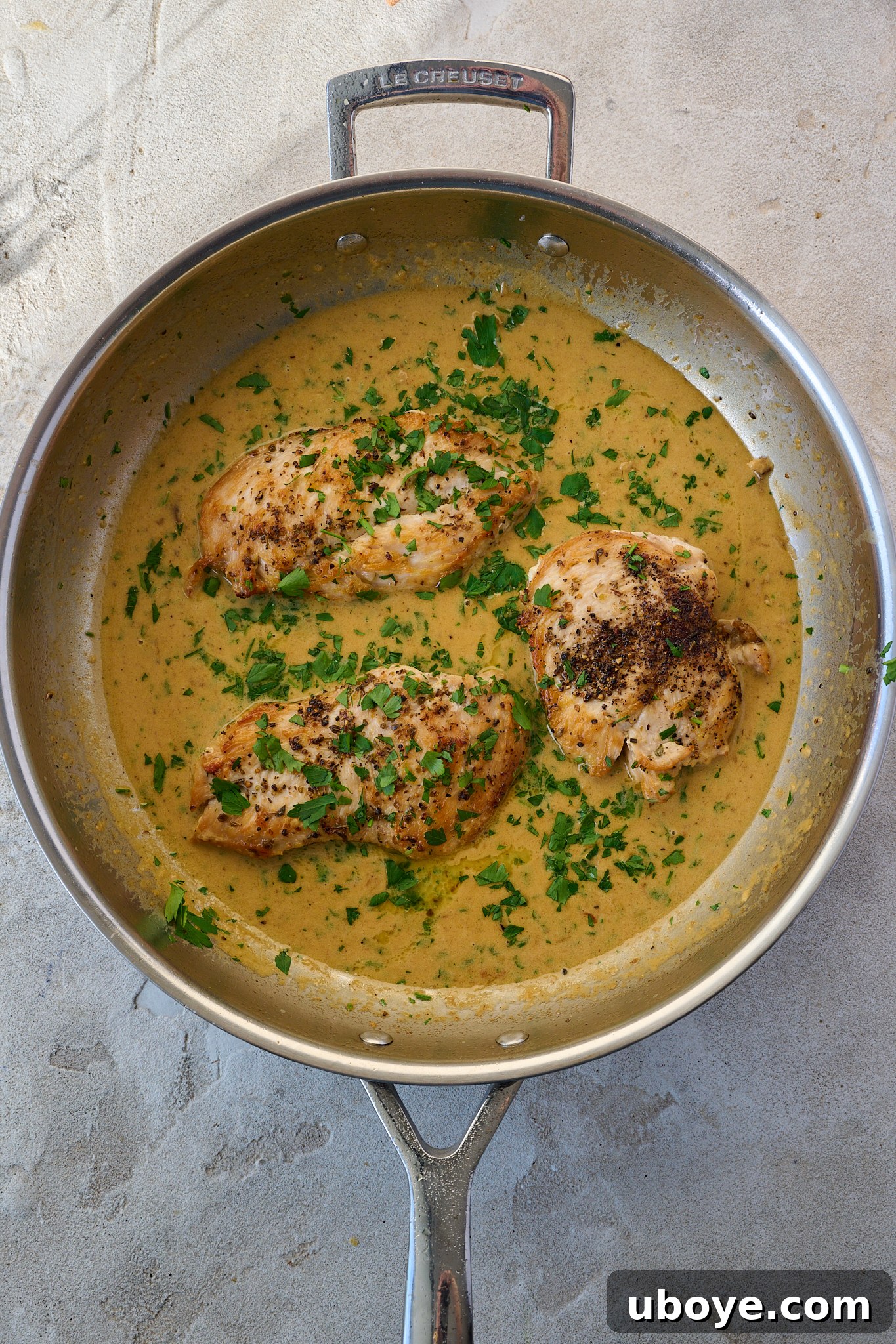 Creamy Garlic Parmesan Chicken sits in stainless steel pan with sauce all around it. Fresh parsley is sprinkled on top.