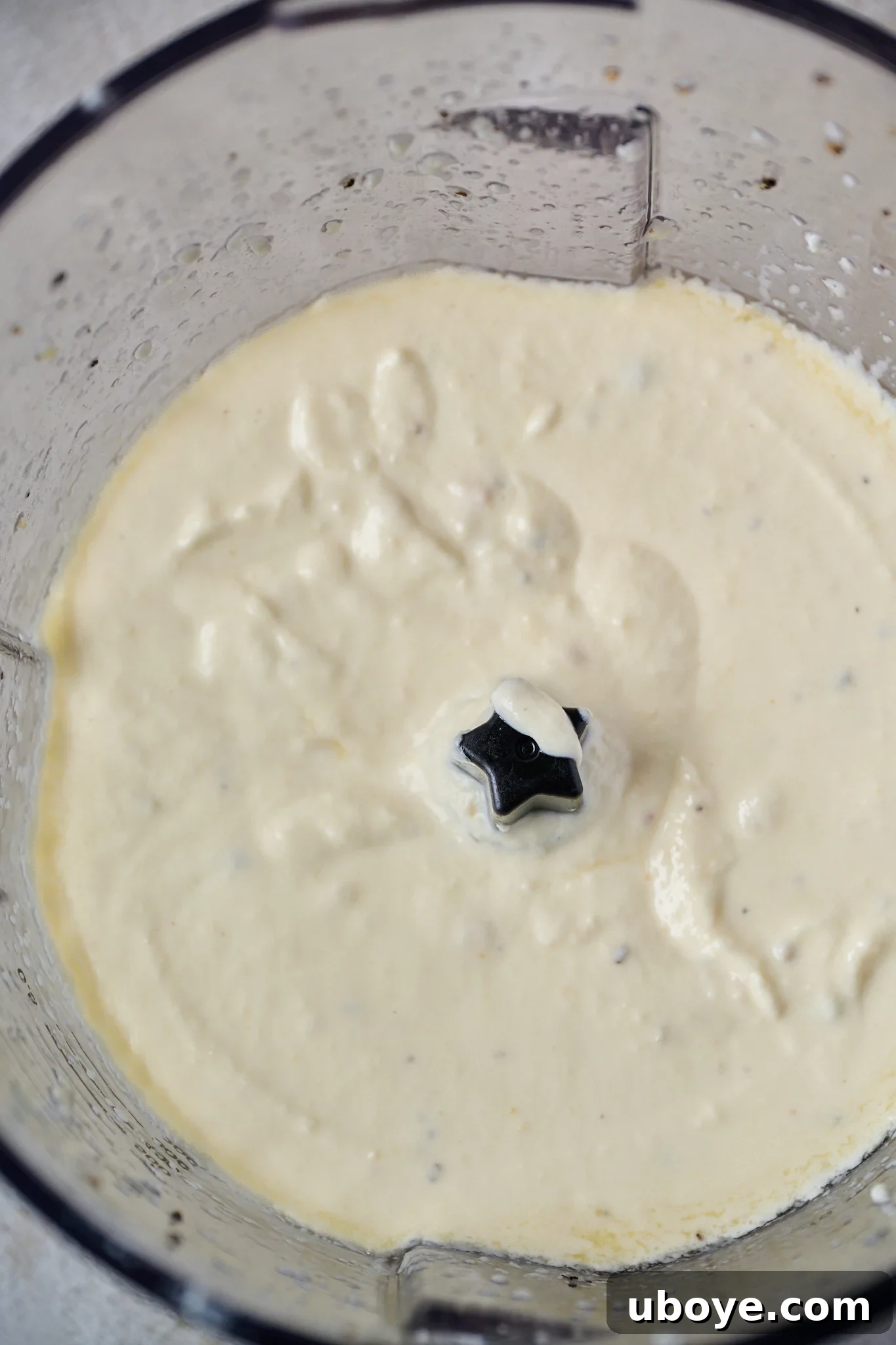 A food processor bowl containing creamy, smooth whipped goat cheese, blended to perfection.