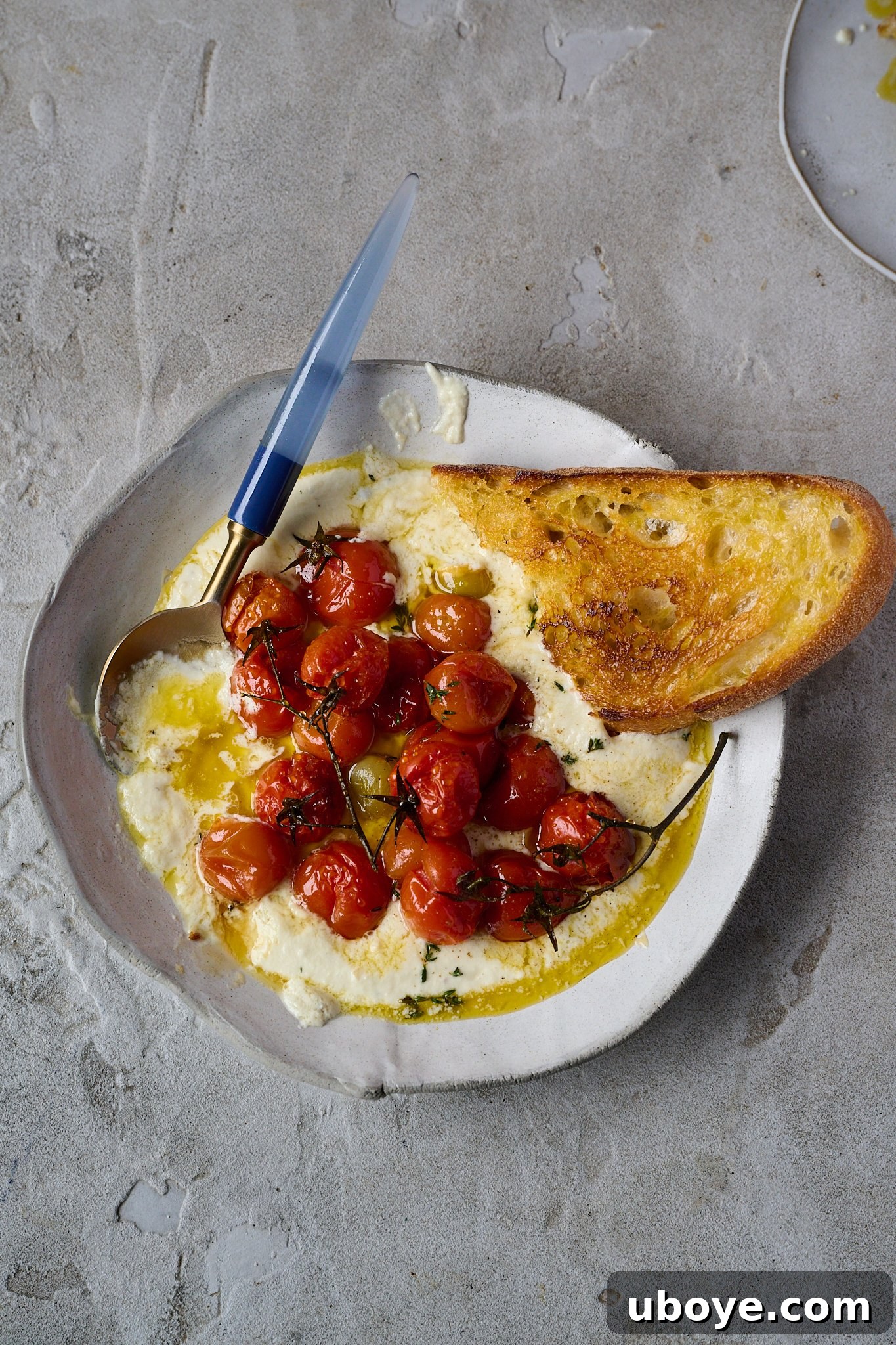 A large white platter presenting the roasted tomatoes and whipped goat cheese appetizer, with a blue serving spoon in a small bowl of extra tomatoes and fresh sourdough toast arranged alongside.