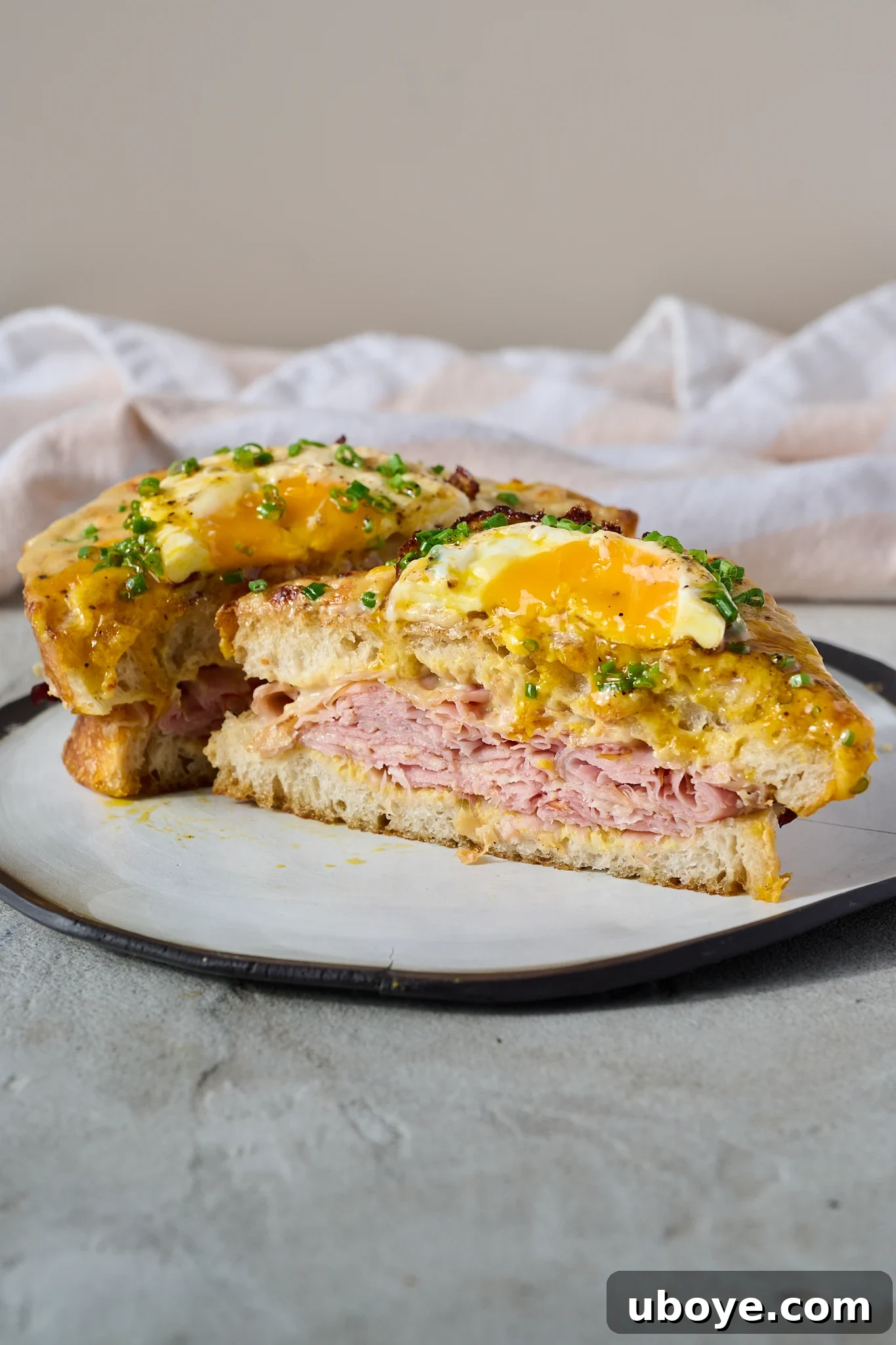 The Crowned Croque 10 A Croque Madame resting on a plate, ready to be enjoyed, with a side of fresh garnish.
