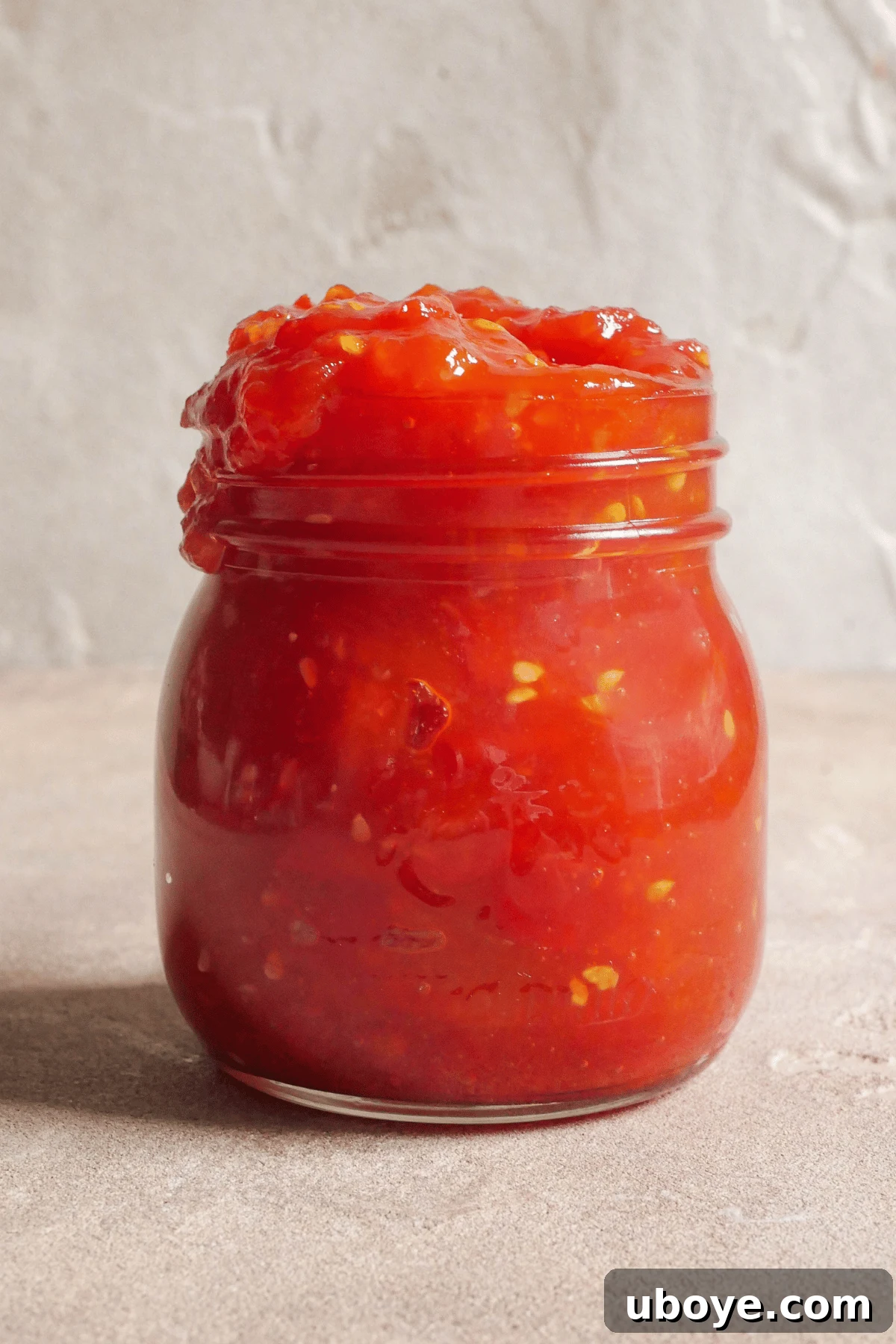 A close-up image of a glass jar brimming with luscious, vibrant red homemade tomato jam, ready to be enjoyed.