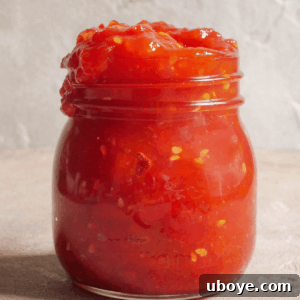 A jar of homemade tomato jam, ready to be served or stored.
