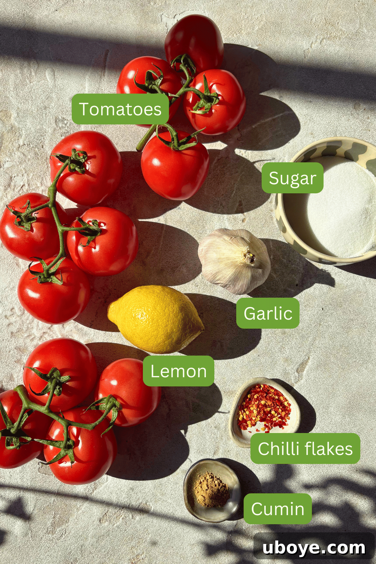 A vibrant flat lay image showcasing all the fresh, high-quality ingredients required to make tomato jam, including ripe tomatoes, sugar, lemon, garlic, and spices.