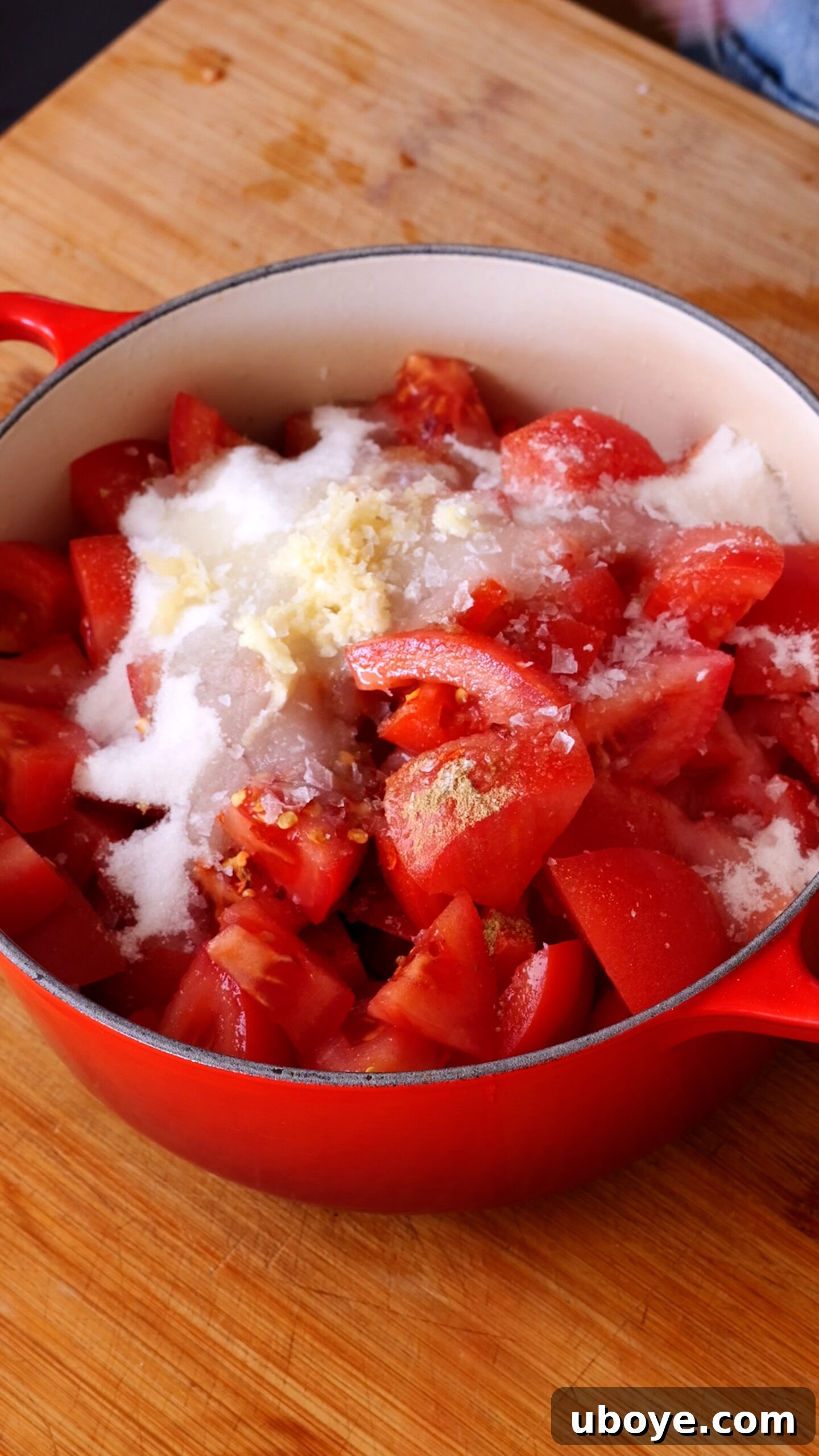 A deep red pot brimming with all the raw ingredients for tomato jam, including chopped tomatoes, white sugar, minced garlic, cumin, chilli flakes, and lemon juice, ready for cooking.
