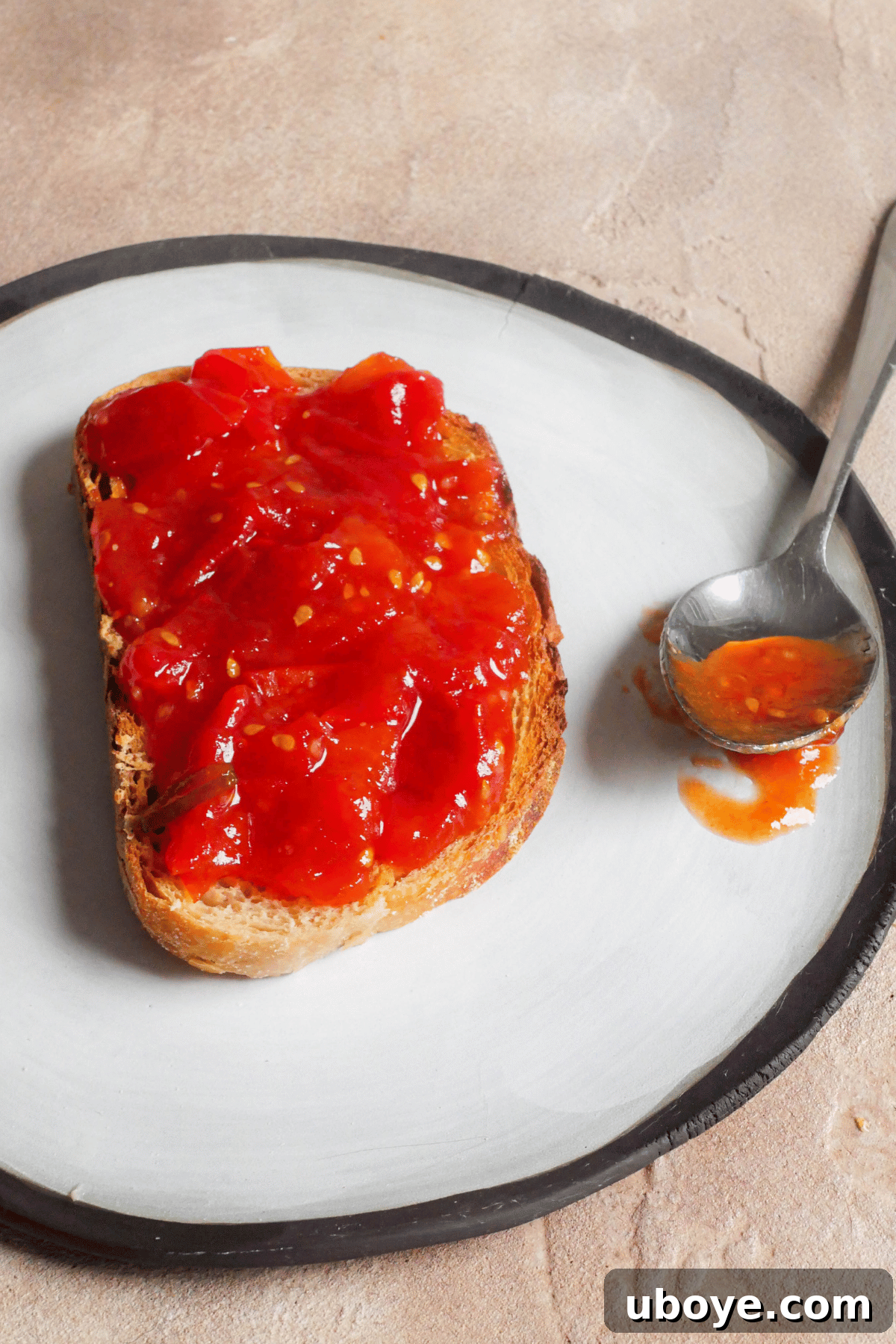 A delectable slice of golden toast generously covered with vibrant homemade tomato jam, resting on a white plate with a spoonful of jam peeking out.