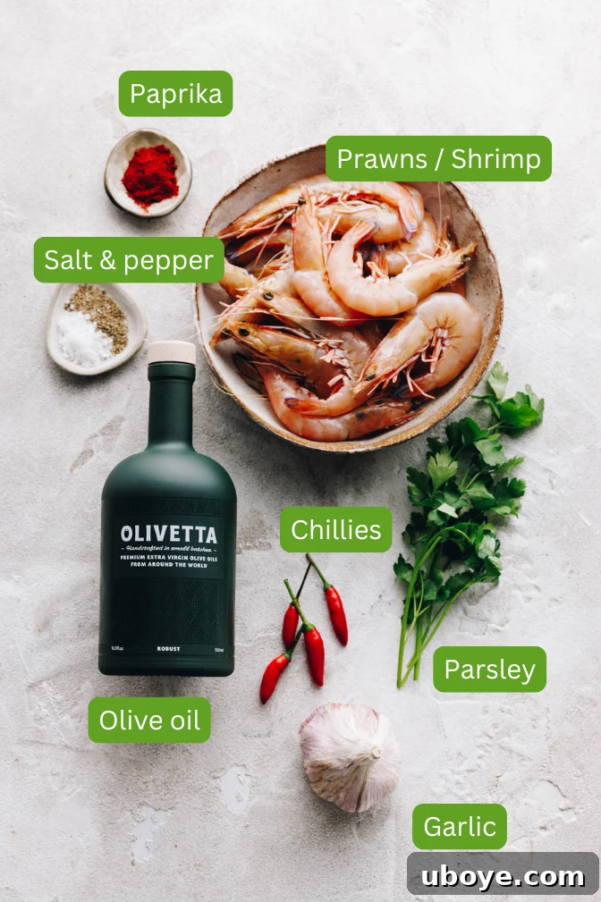 Key ingredients for Spanish Garlic Shrimp: fresh prawns, garlic, olive oil, chili, parsley, and lemon.