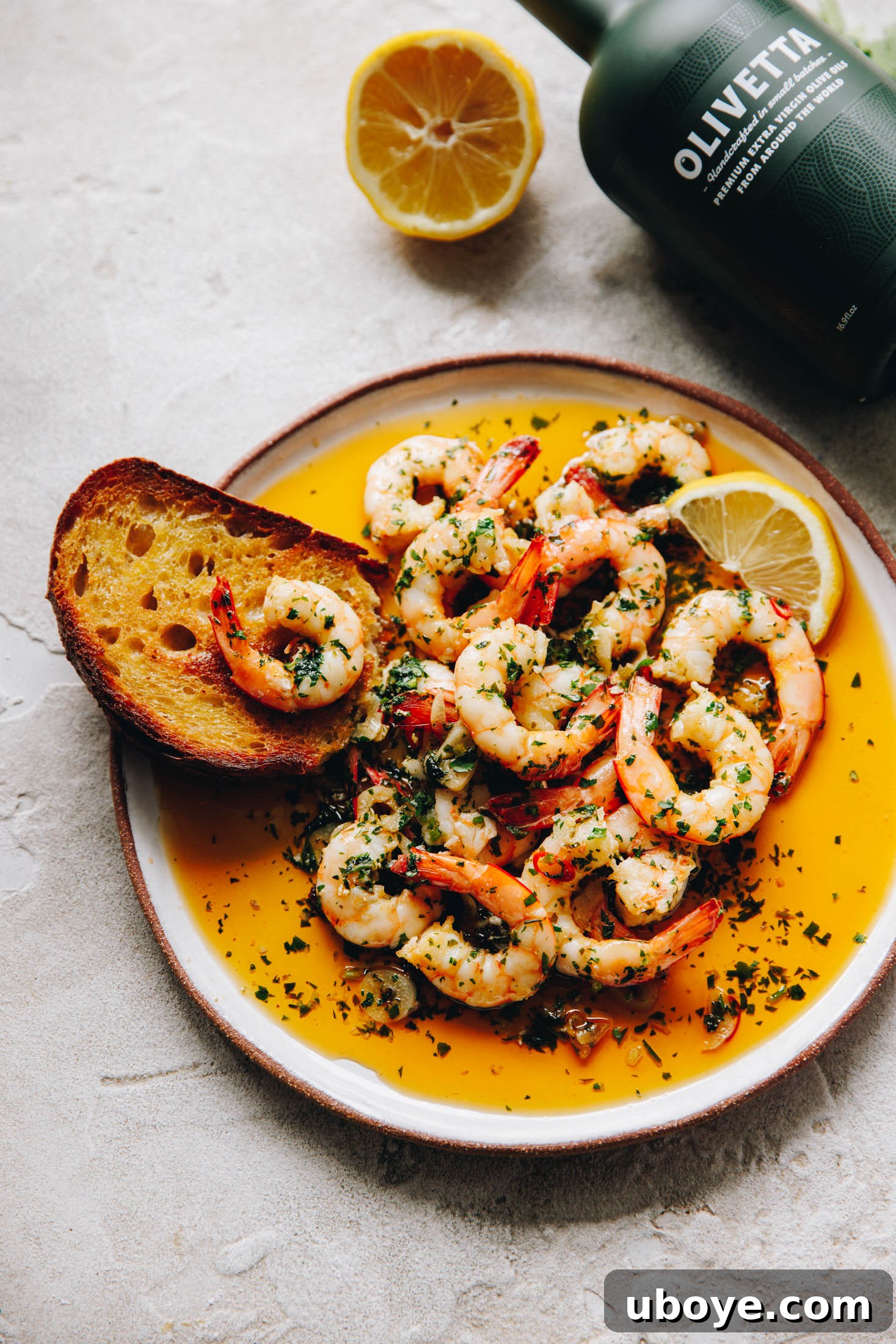 Spanish Garlic Shrimp (Gambas al Ajillo) beautifully arranged in a plate with a side of crusty bread, ready to be enjoyed.