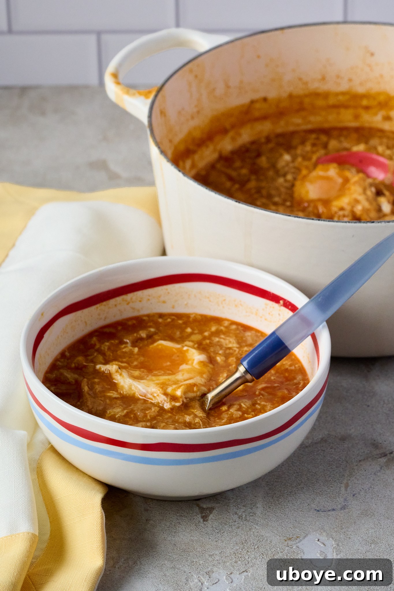 A close-up shot of a steaming bowl of Sopa de Ajo, highlighting the rich broth, softened bread pieces, and a perfectly poached egg, ready to be eaten.