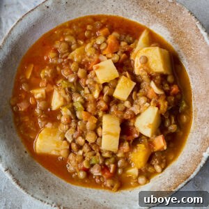 Spanish Lentil Stew (Lentejas) featured in a recipe card image.