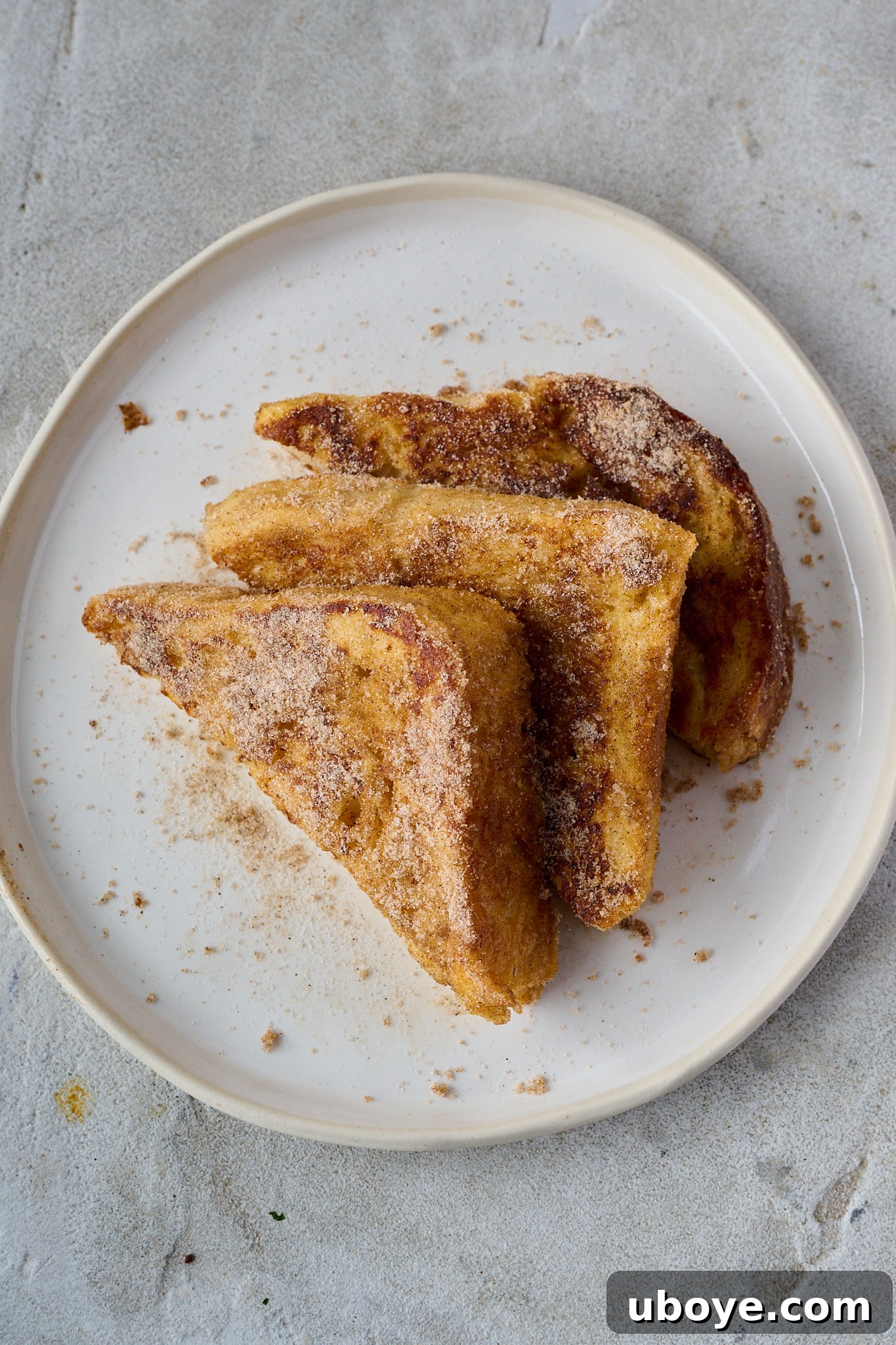 Torrijas Spain's Beloved French Toast 9 Three perfectly arranged slices of Torrijas (Spanish French Toast) sit on a pristine white plate, generously coated in cinnamon sugar, showcasing their inviting golden hue and irresistible texture.
