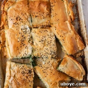 Perfect golden color baked Spanakopita, a Greek spinach pie delight.