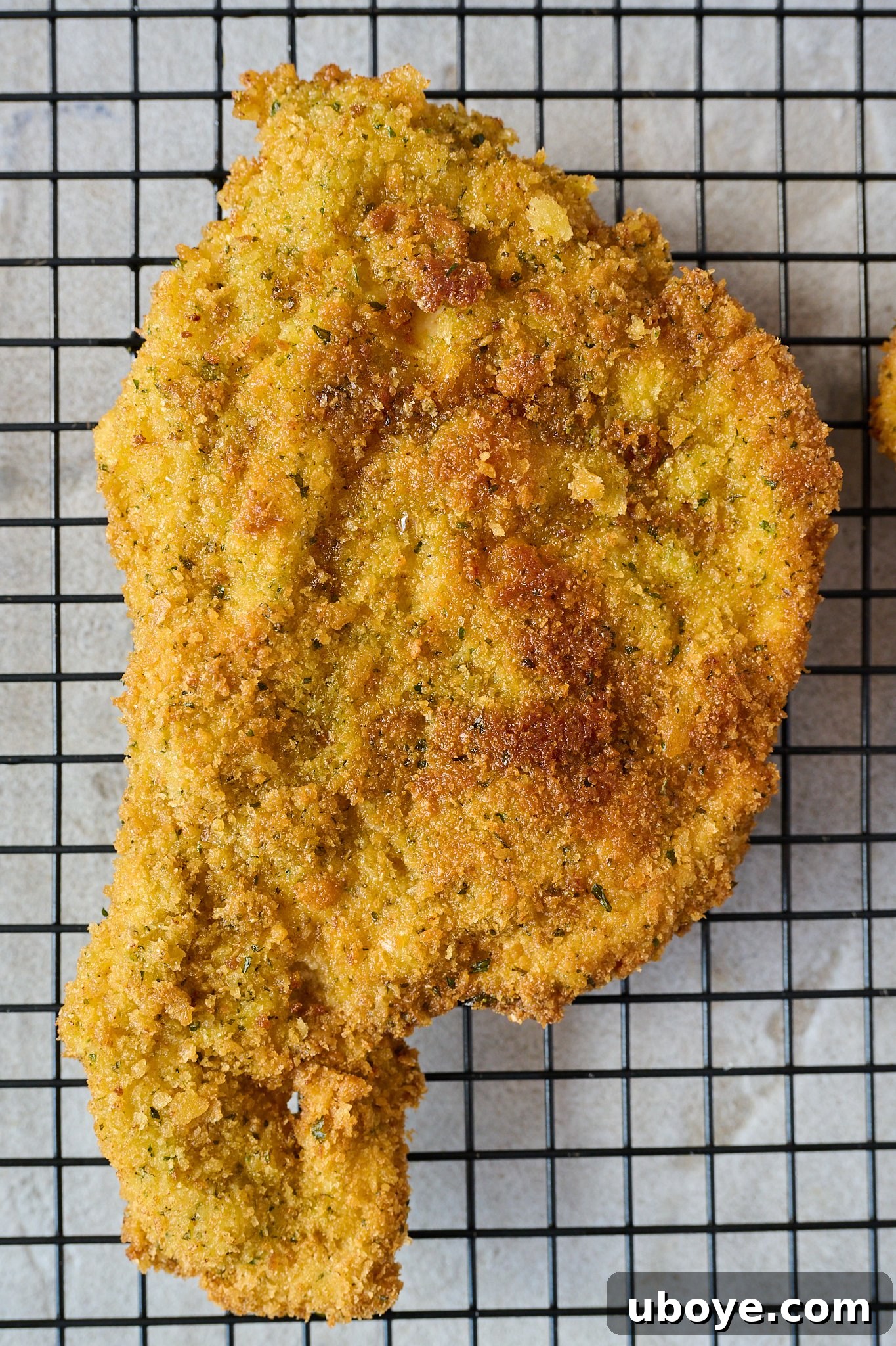 Crispy crumbed chicken lays on cooling rack
